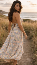 STEFANI SATIN BACKLESS SUMMER DRESS - Blue