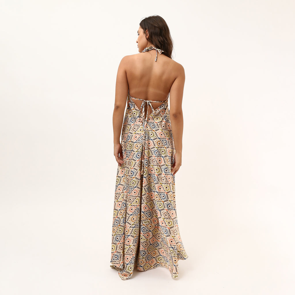 STEFANI SATIN BACKLESS SUMMER DRESS - Blue