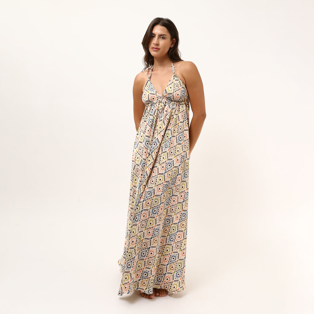 STEFANI SATIN BACKLESS SUMMER DRESS - Blue